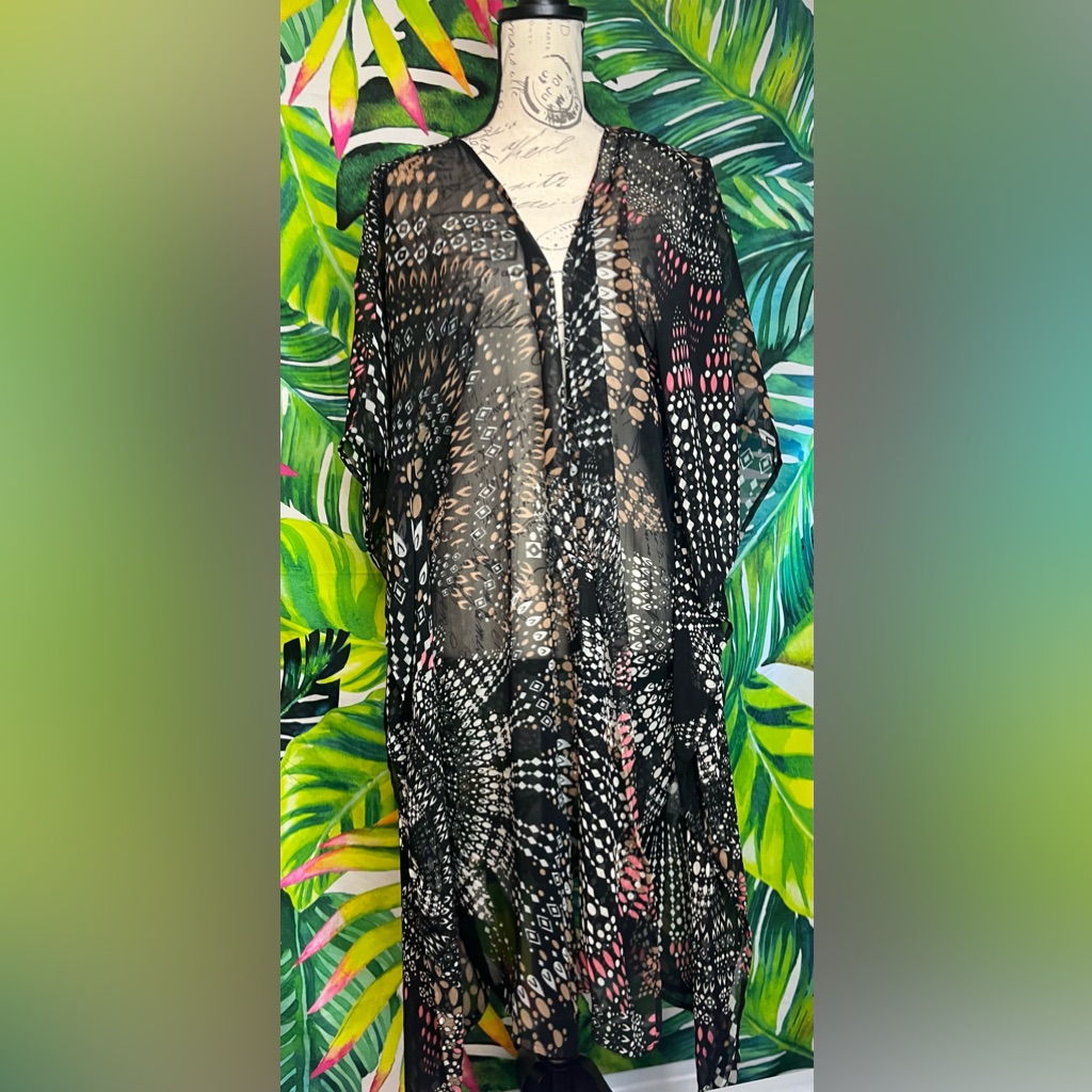 Patrons Of Peace One Size Boho Eclectic Black Sheer Summer Beach Pool Kimono